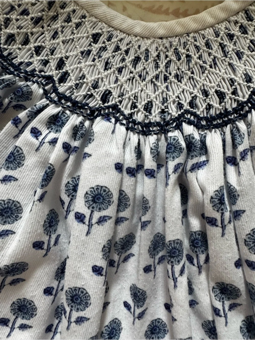 Smocked Floral Two-Piece Set in White and Blue